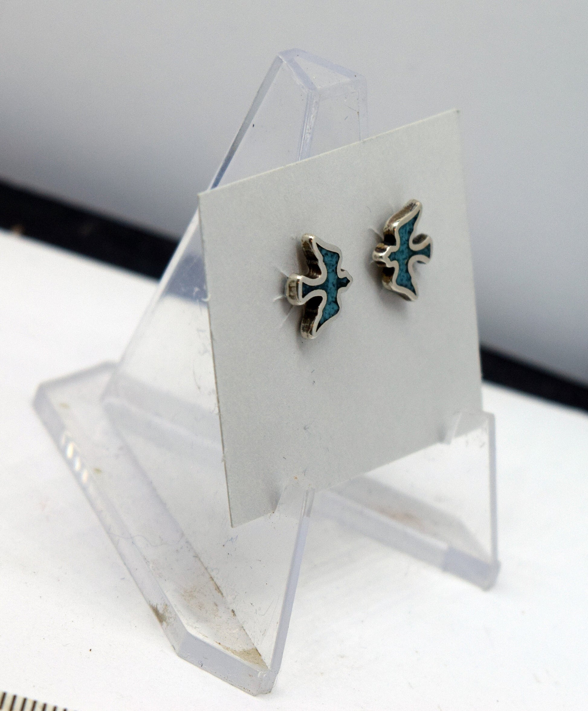 Dove in Flight Stud Earrings with a Turquoise Inlay 9mm wide