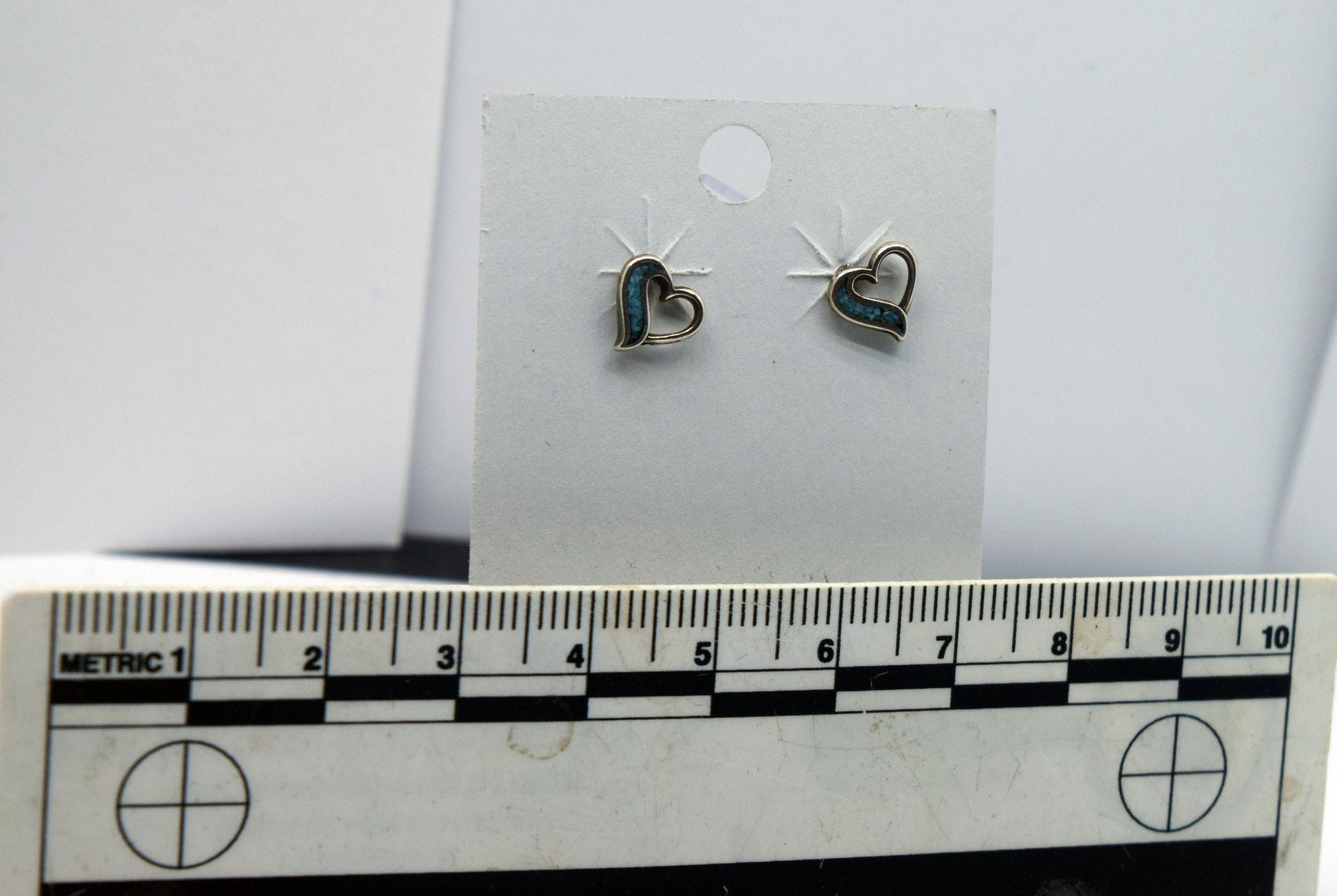 Open Heart Sterling Silver Stud Earrings with a Turquoise Inlay 7 mm wide