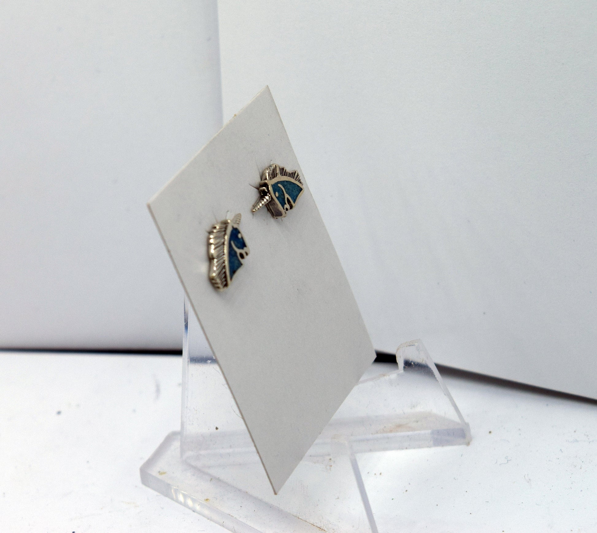 Unicorn Head Sterling Silver Stud Earrings with a Turquoise Inlay 15 mm wide