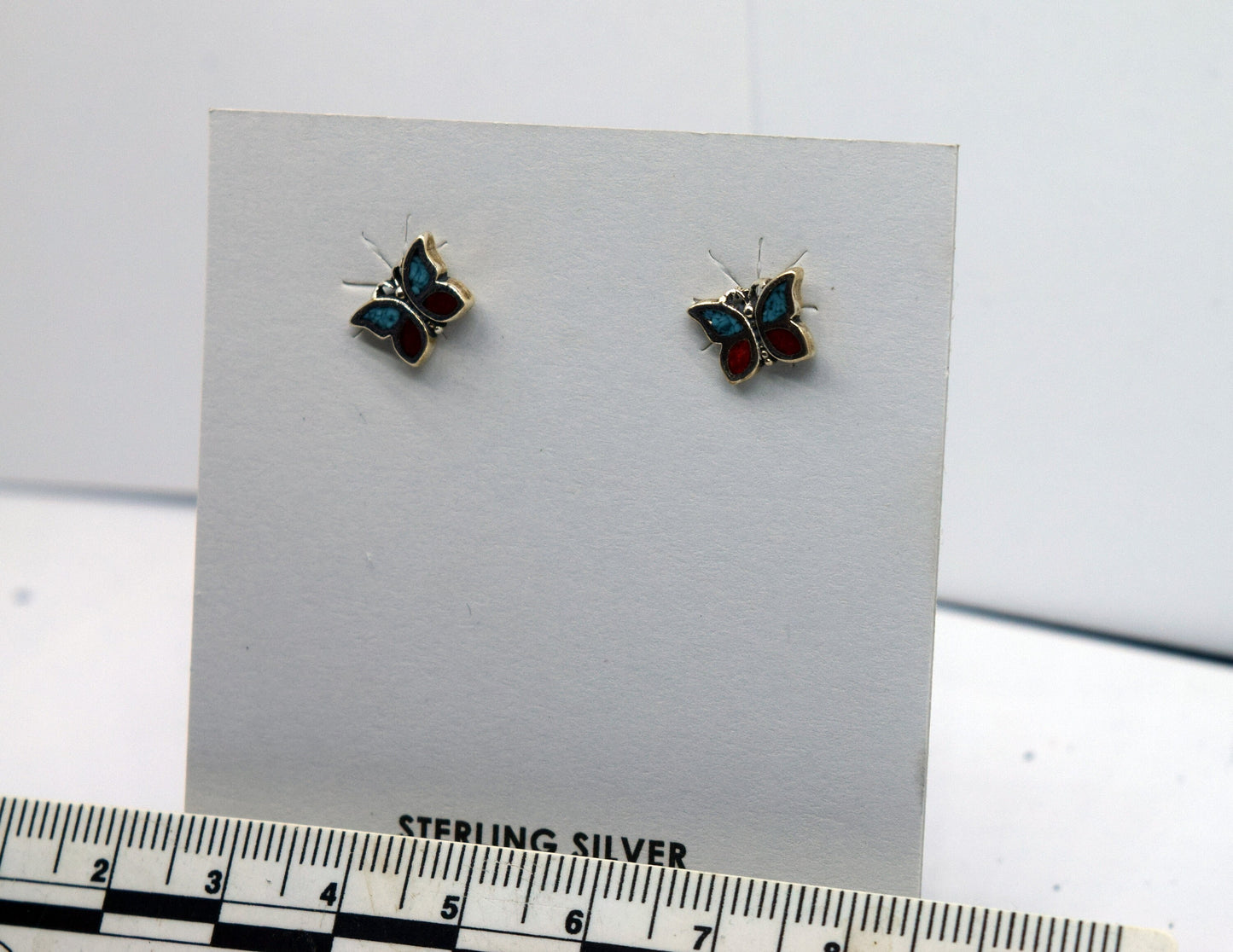 Butterfly Earrings Sterling Silver Stud Earrings 10 mm wide with Turquoise and Imitation Coral inlays