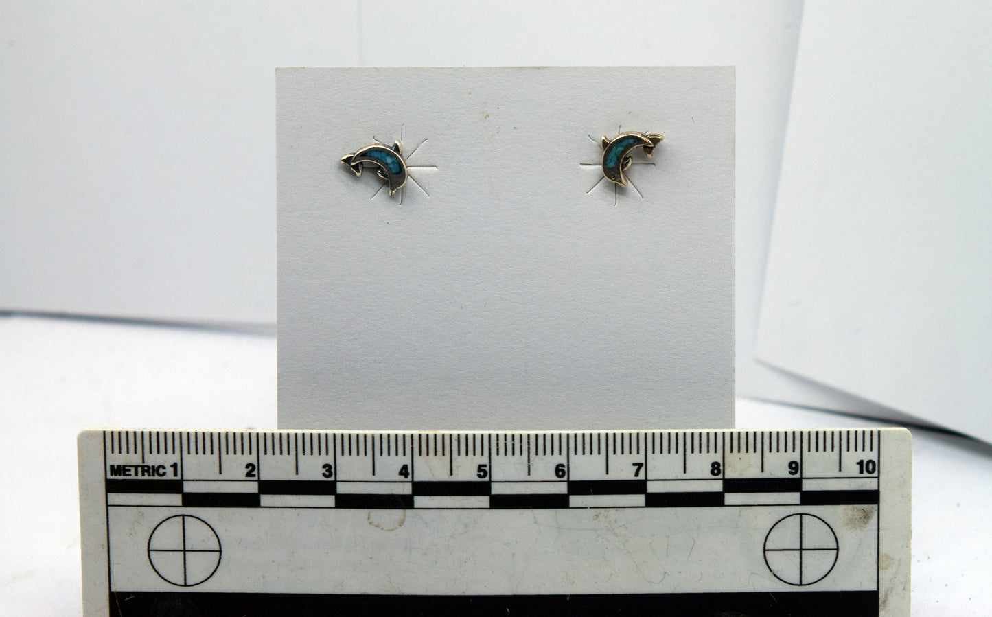 Jumping Dolphin Earrings Sterling Silver Stud Earrings with a Turquoise Inlay 10 mm wide