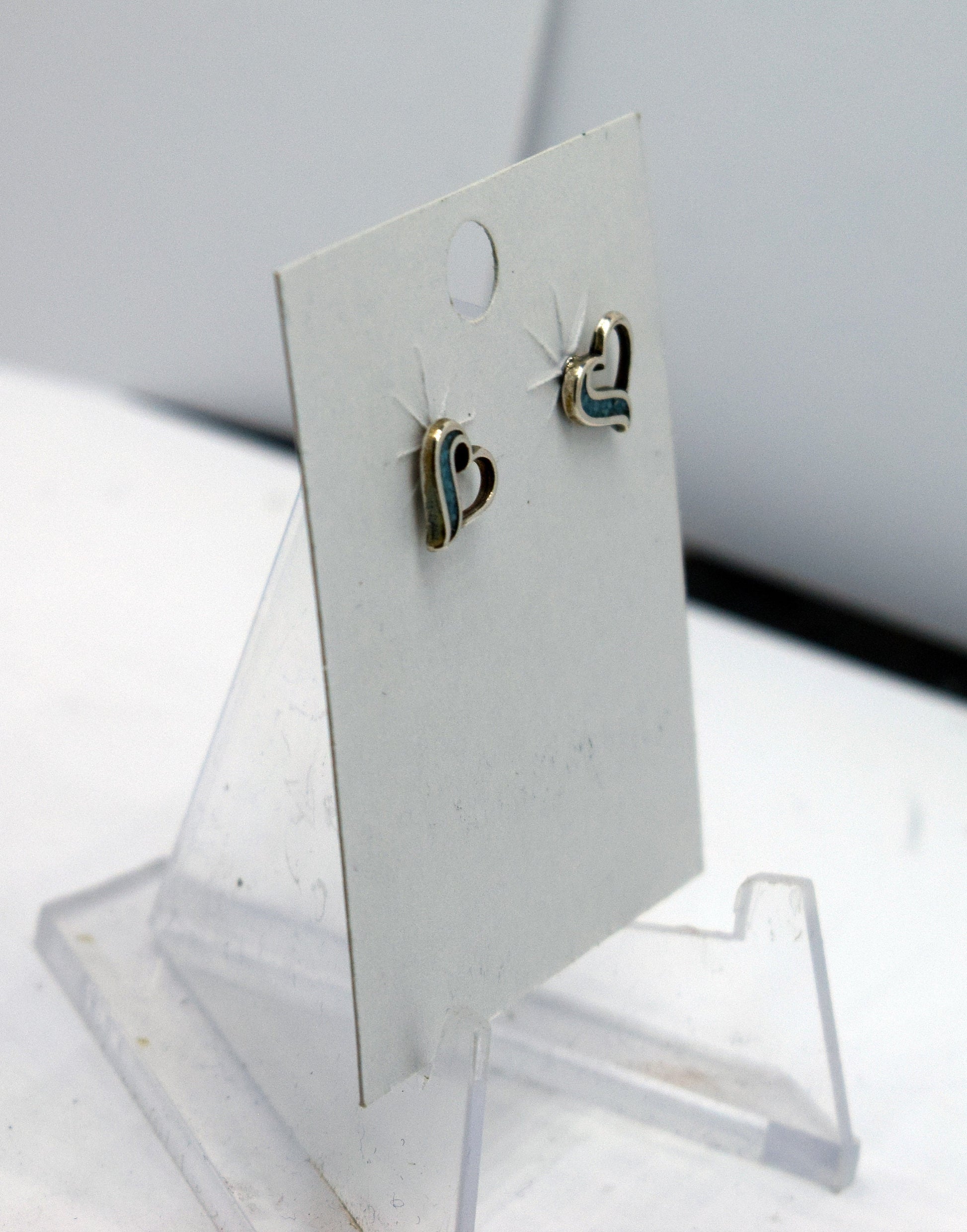 Open Heart Sterling Silver Stud Earrings with a Turquoise Inlay 7 mm wide