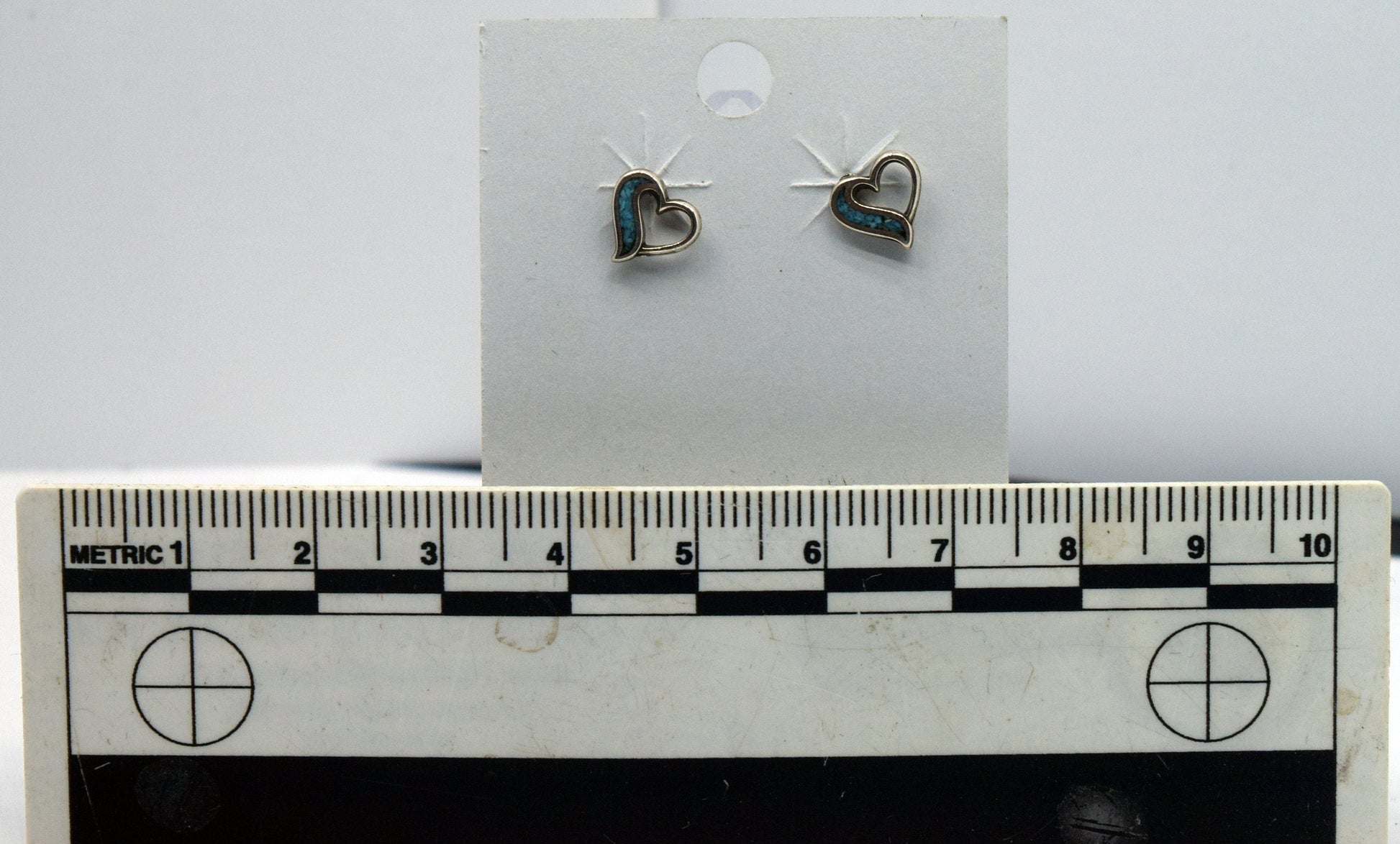 Open Heart Sterling Silver Stud Earrings with a Turquoise Inlay 7 mm wide