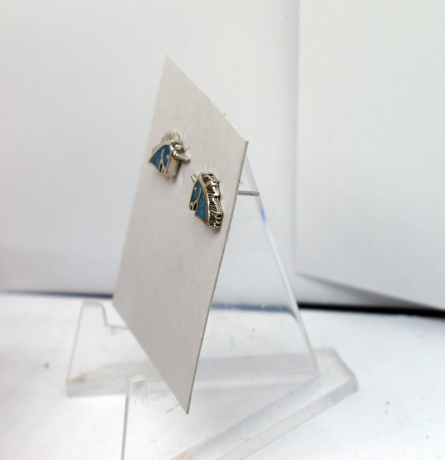 Unicorn Head Sterling Silver Stud Earrings with a Turquoise Inlay 15 mm wide