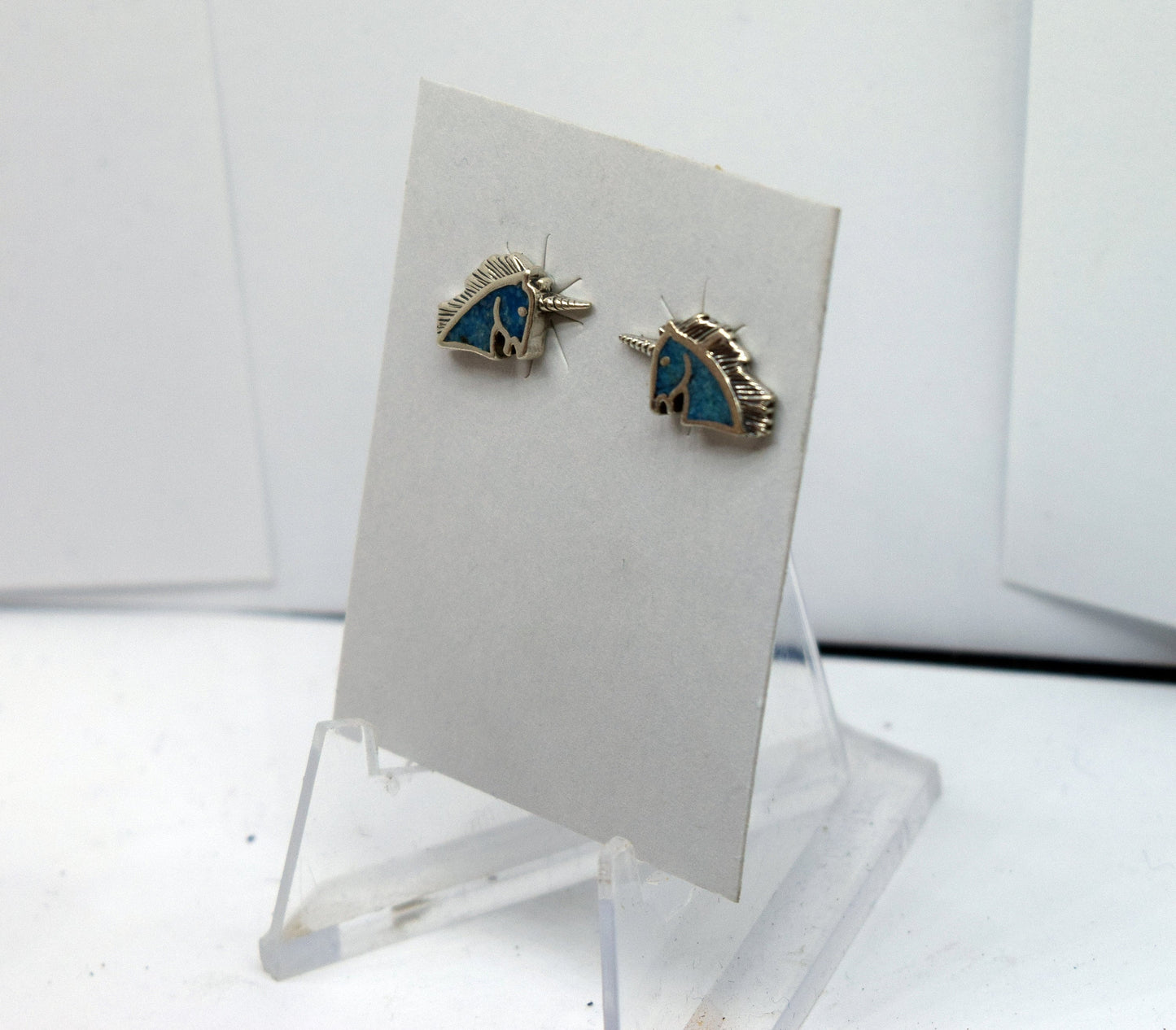 Unicorn Head Sterling Silver Stud Earrings with a Turquoise Inlay 15 mm wide