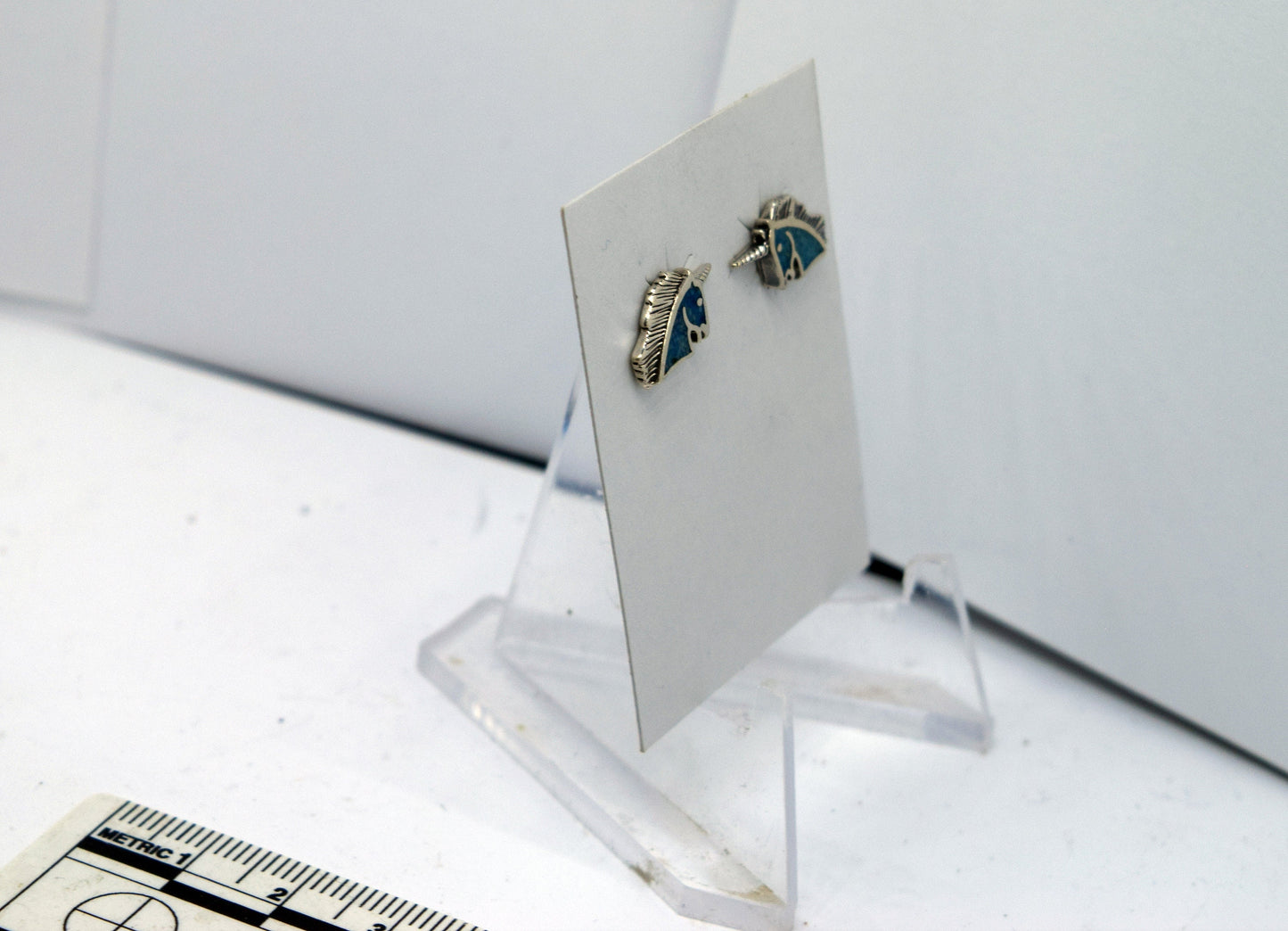 Unicorn Head Sterling Silver Stud Earrings with a Turquoise Inlay 15 mm wide