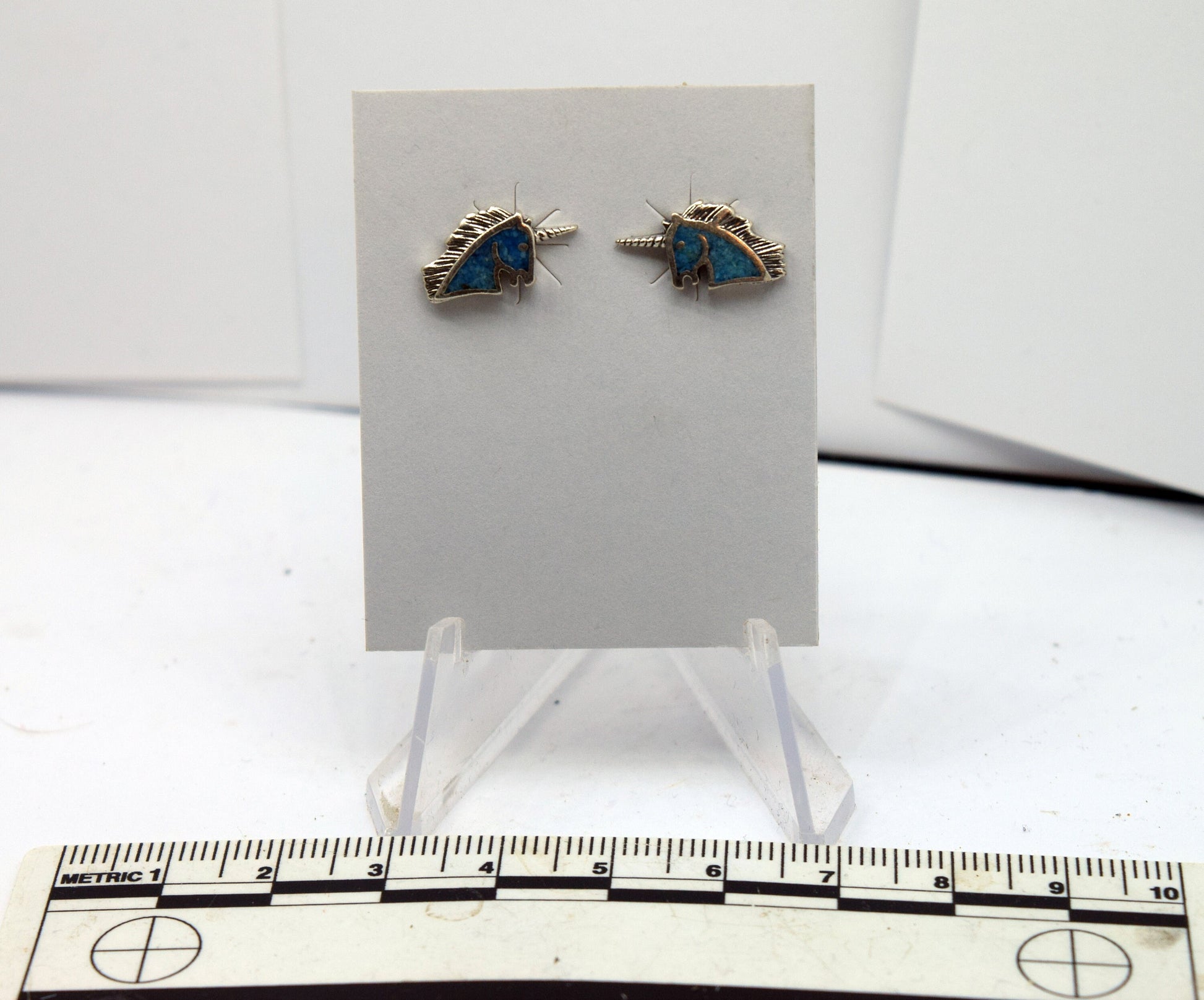 Unicorn Head Sterling Silver Stud Earrings with a Turquoise Inlay 15 mm wide