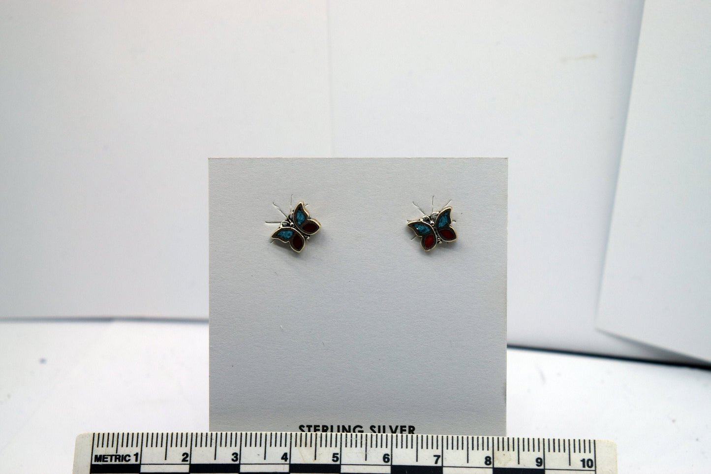 Butterfly Earrings Sterling Silver Stud Earrings 10 mm wide with Turquoise and Imitation Coral inlays