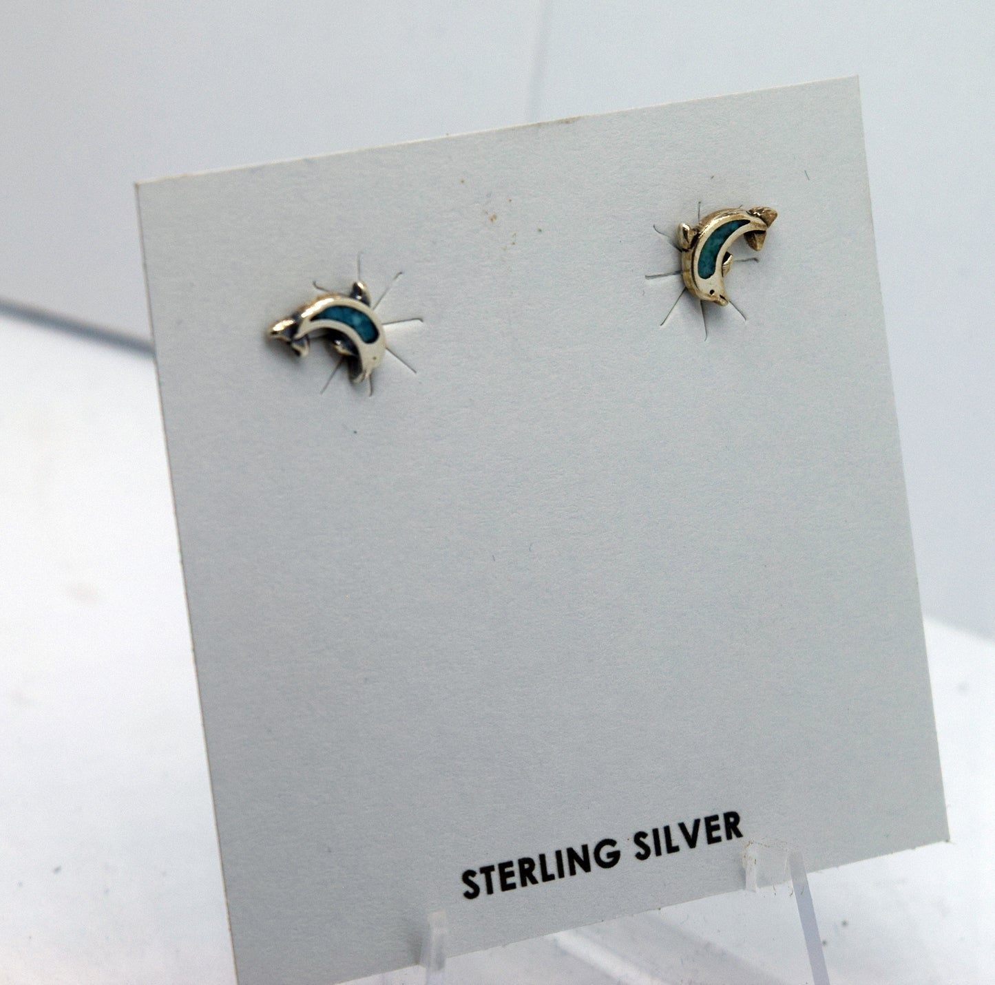 Jumping Dolphin Earrings Sterling Silver Stud Earrings with a Turquoise Inlay 10 mm wide