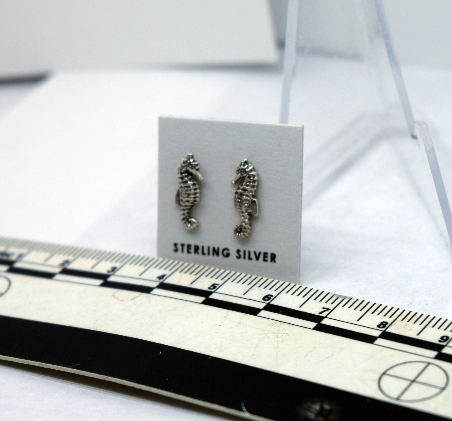 Sea Horse Fish Sterling Silver Stud Earrings 12 mm high