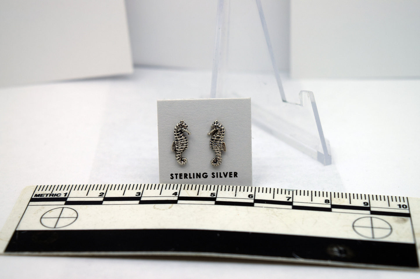 Sea Horse Fish Sterling Silver Stud Earrings 12 mm high