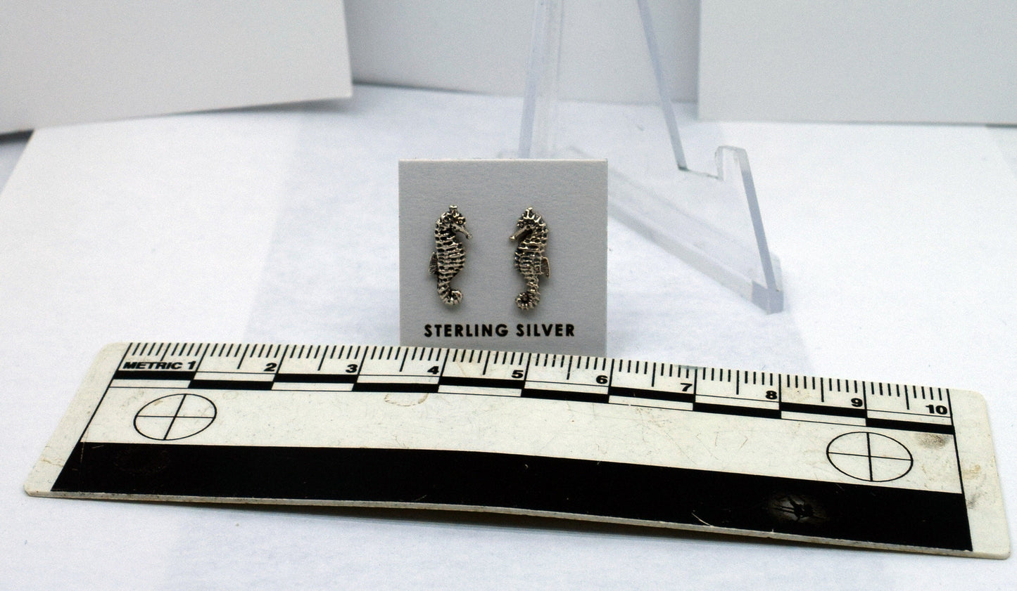 Sea Horse Fish Sterling Silver Stud Earrings 12 mm high