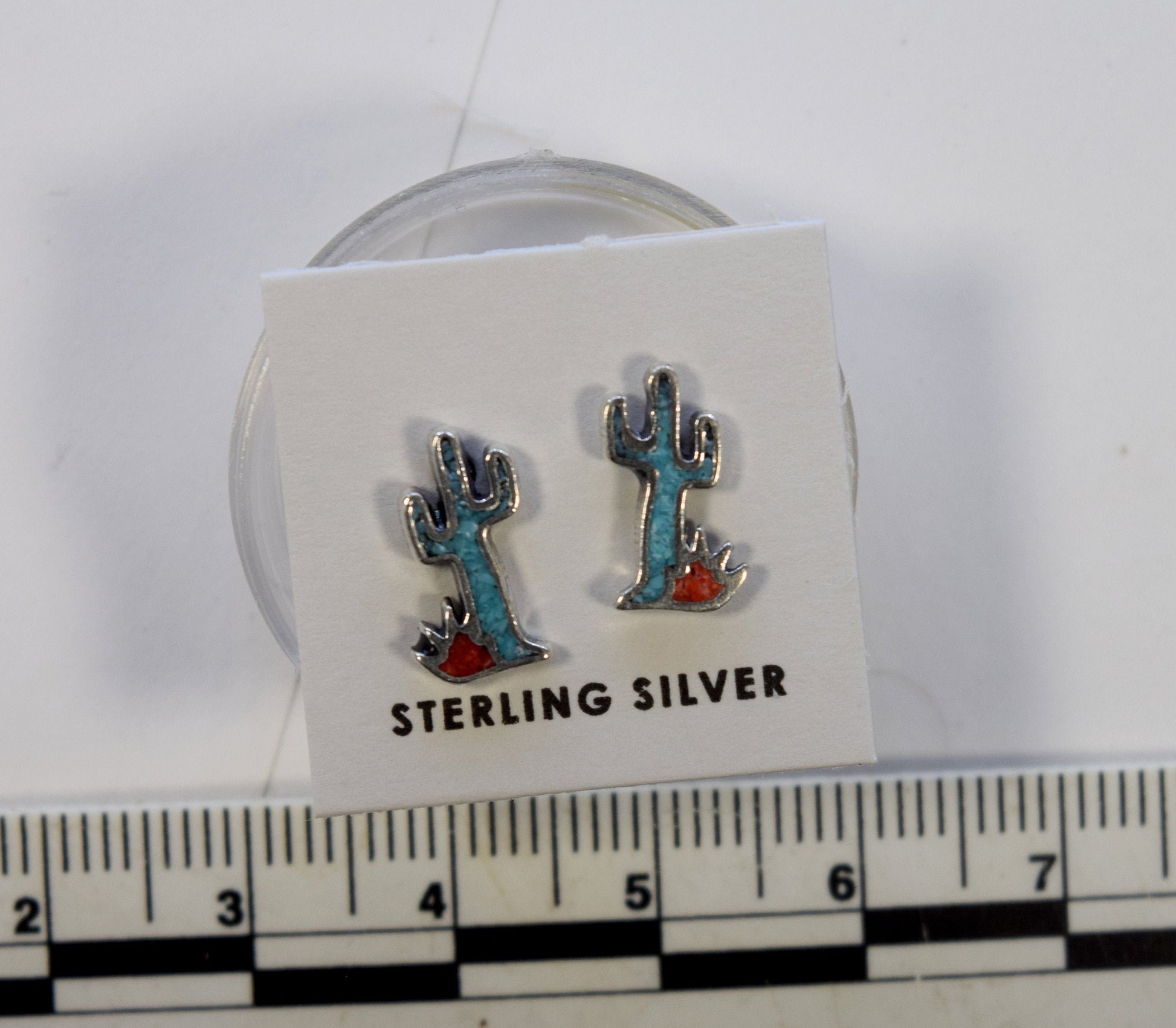 Saguaro Cactus Earrings with Turquoise and Imitation Coral Inlays Sterling Silver Stud Earrings 10 mm high