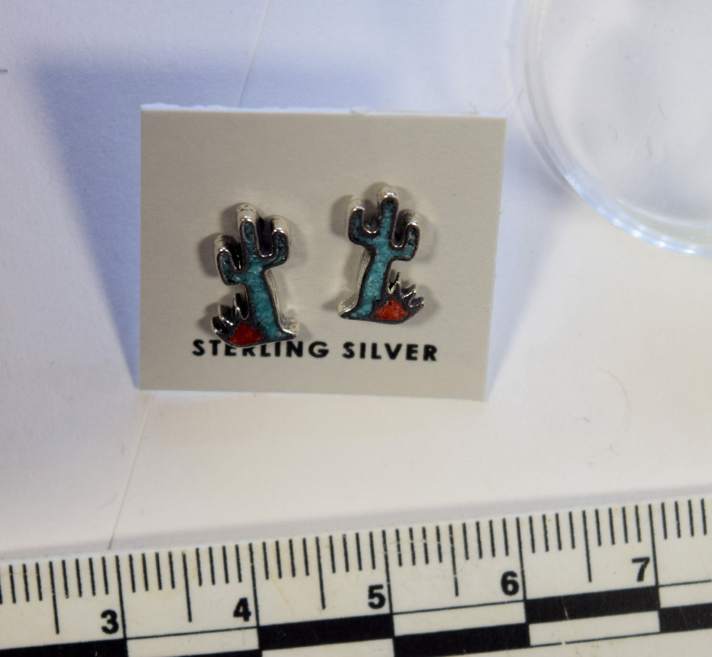 Saguaro Cactus Earrings with Turquoise and Imitation Coral Inlays Sterling Silver Stud Earrings 10 mm high