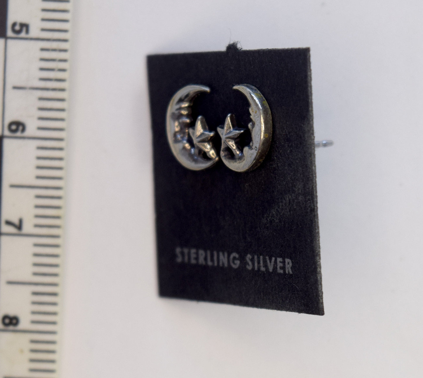 Crescent Moon Earrings with Smile and Star Sterling Silver Stud Earrings 8 mm high