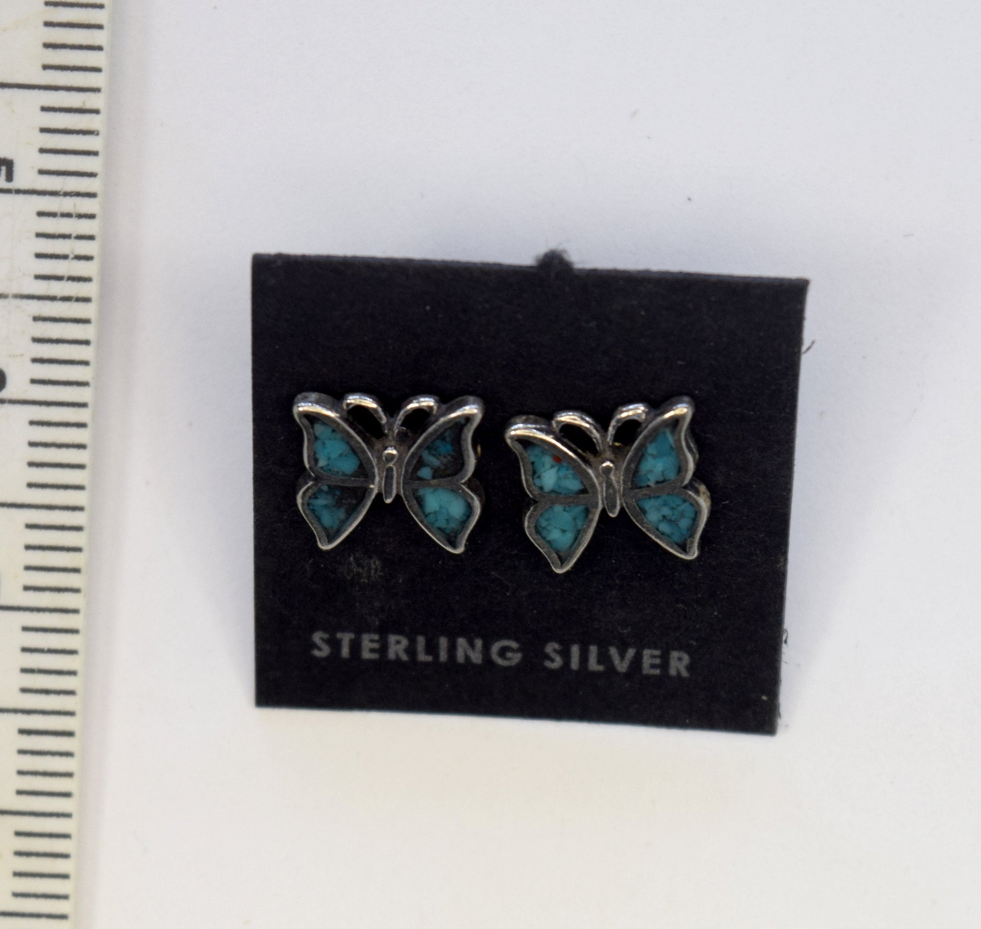 Butterfly Earrings with Turquoise inlay Sterling Silver Stud Earrings 9 mm wide