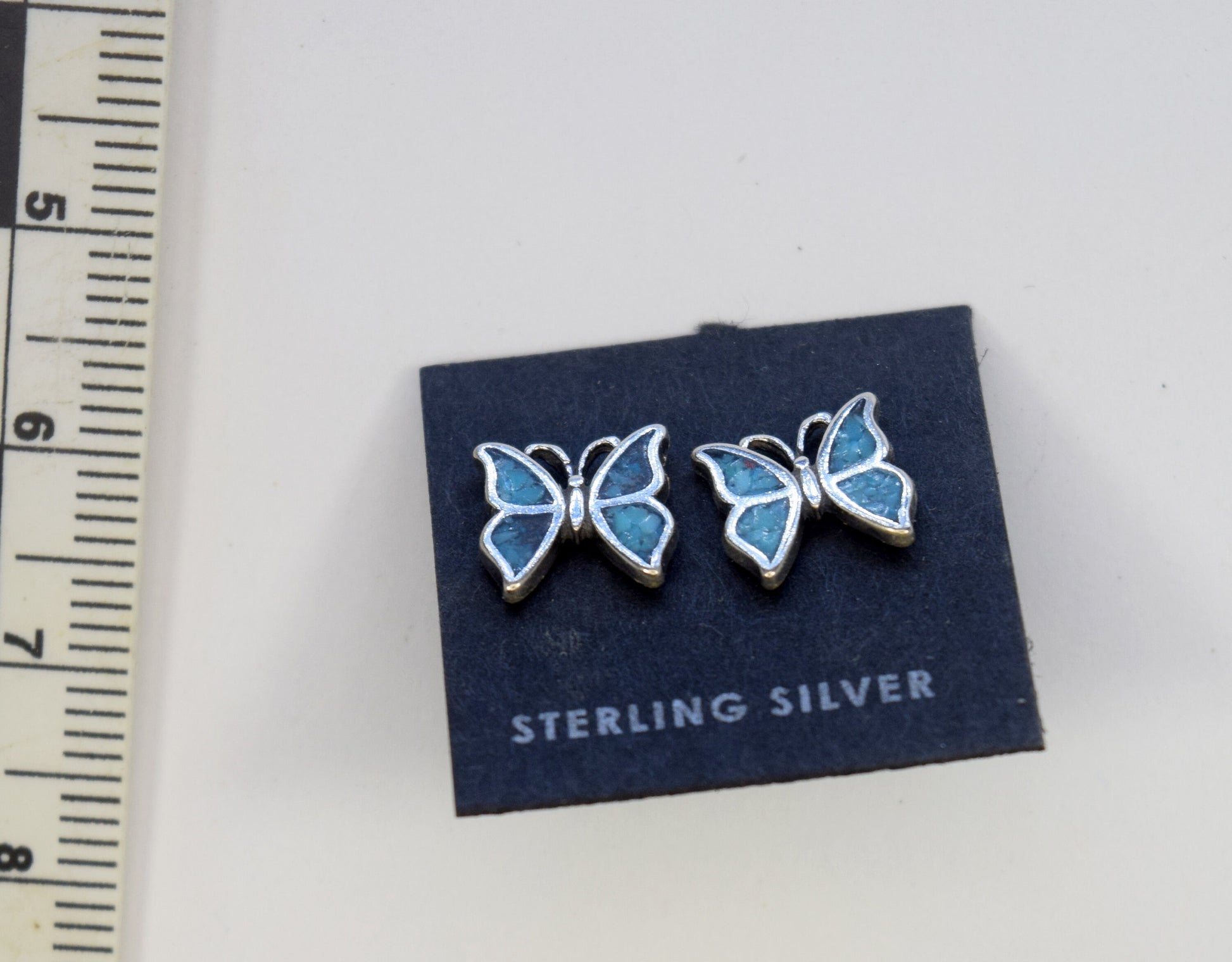 Butterfly Earrings with Turquoise inlay Sterling Silver Stud Earrings 9 mm wide