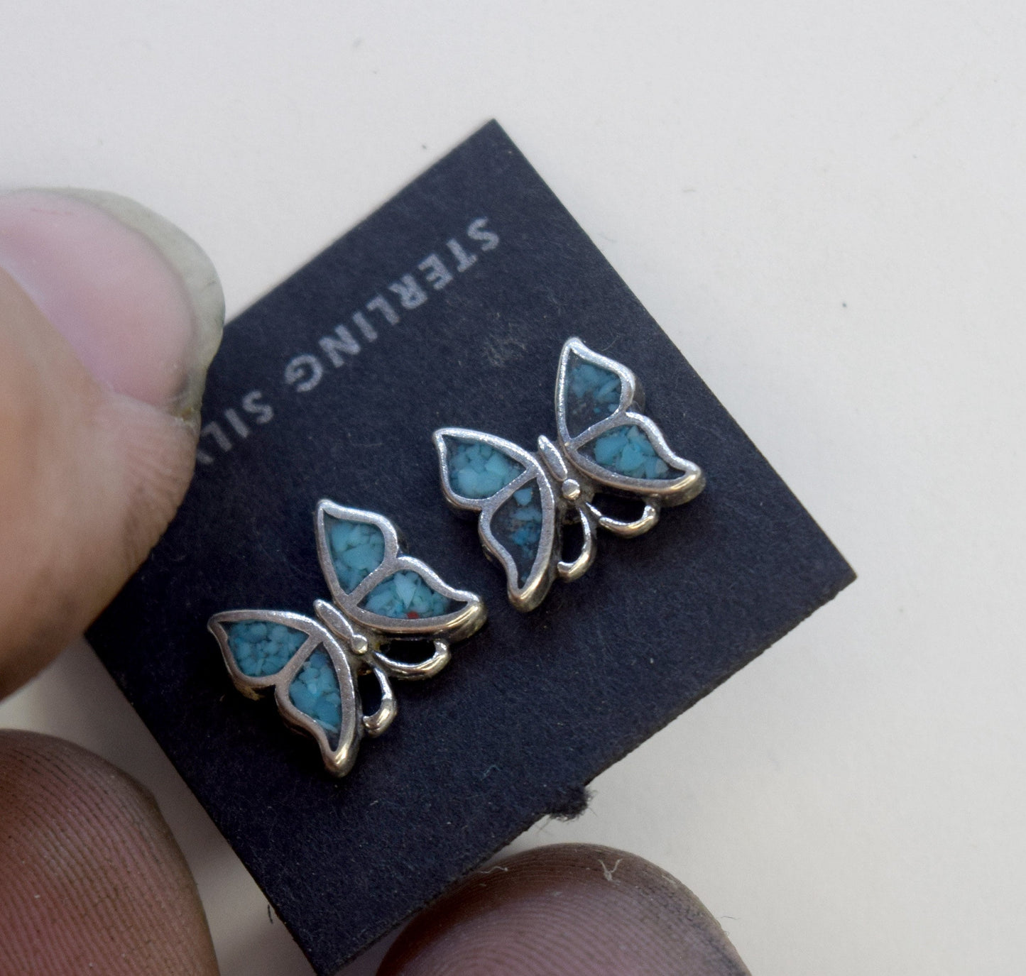 Butterfly Earrings with Turquoise inlay Sterling Silver Stud Earrings 9 mm wide