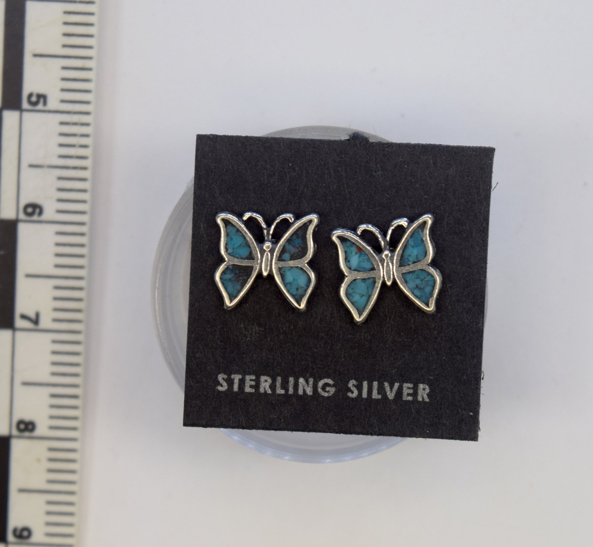 Butterfly Earrings with Turquoise inlay Sterling Silver Stud Earrings 9 mm wide