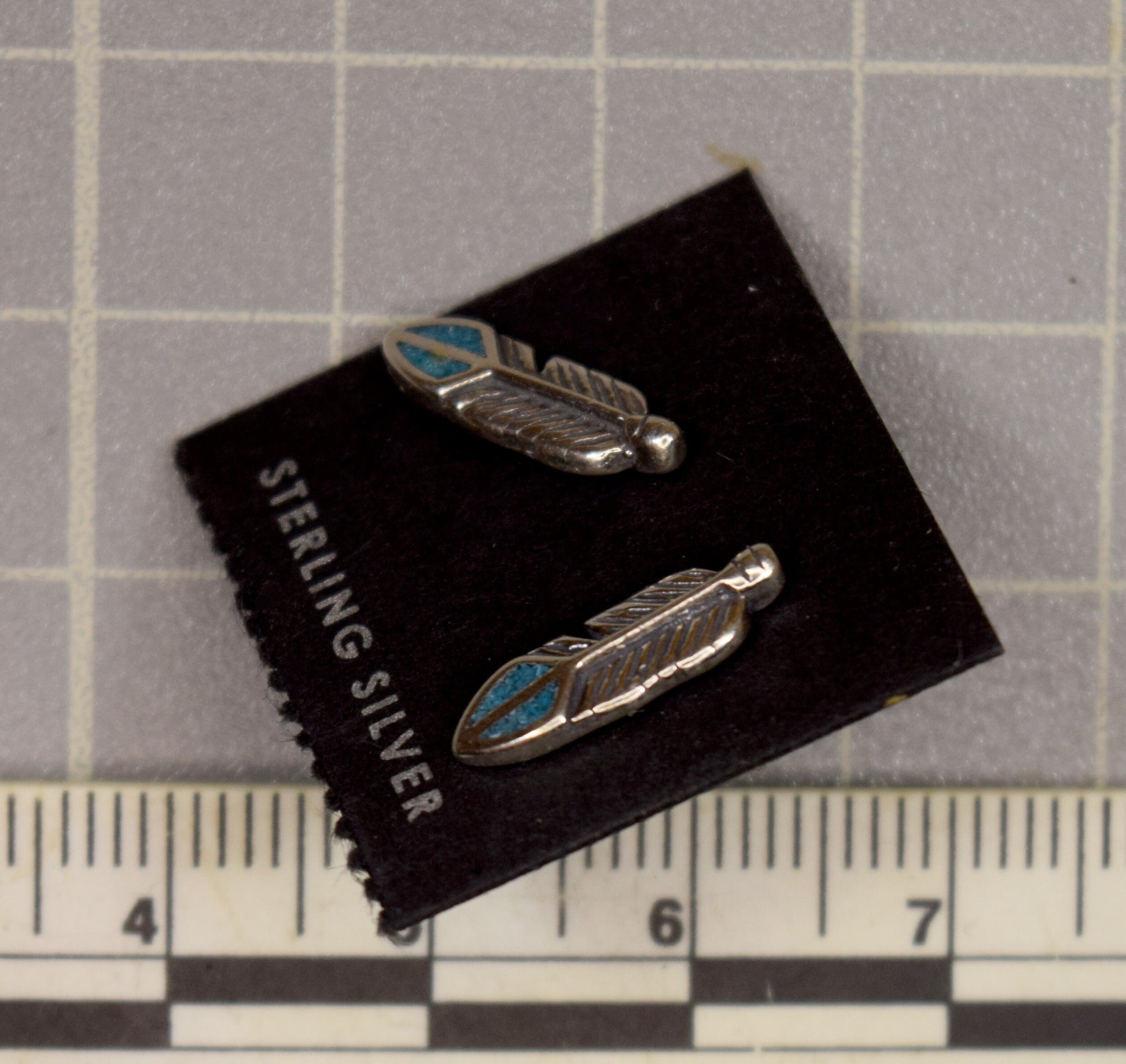 Turquoise Feather Earrings Sterling Silver Turquoise Inlay Stud Earrings 9 mm long