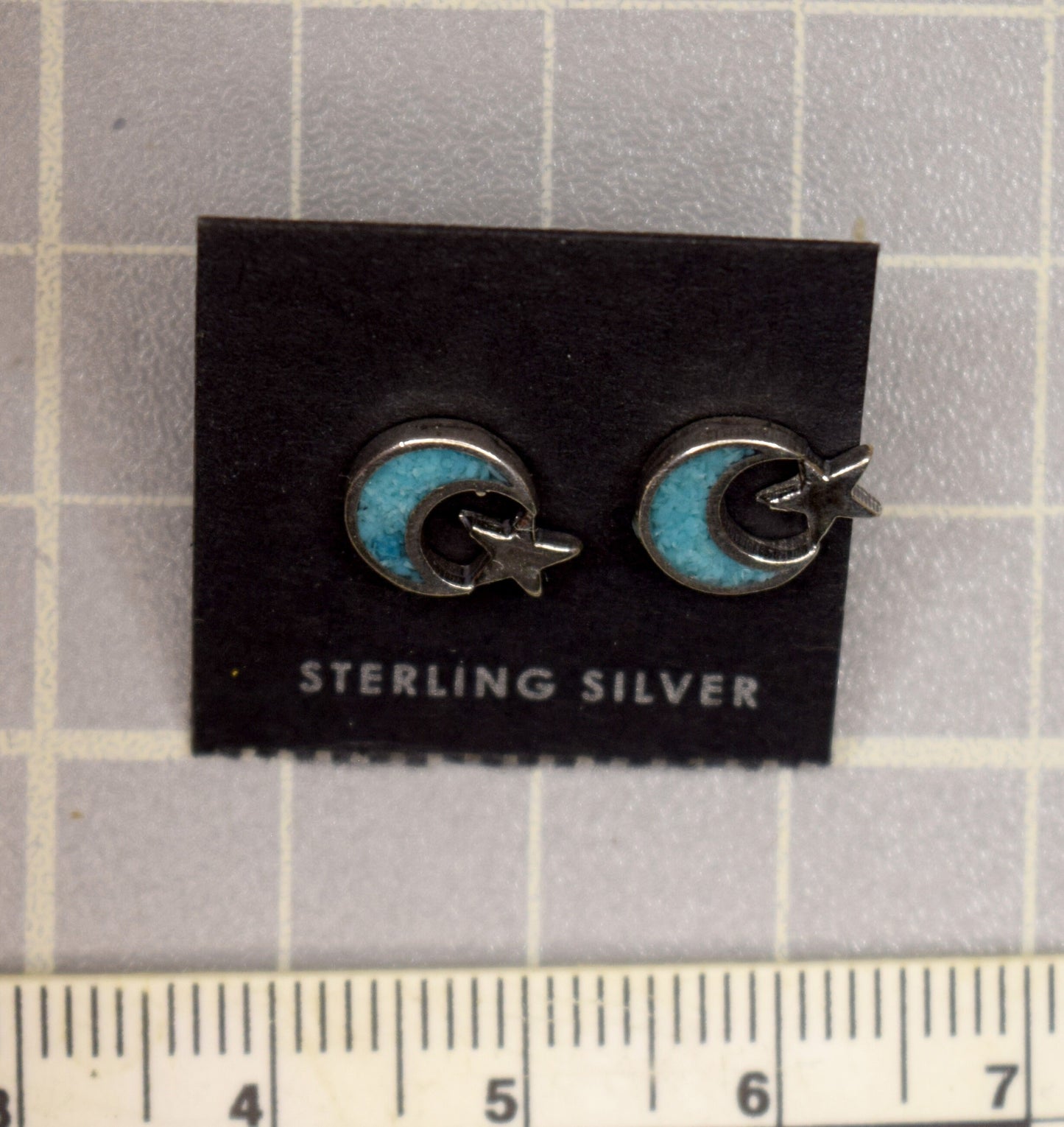 Moon and Star Earrings Sterling Silver Turquoise Inlay Stud Earrings 9 mm wide