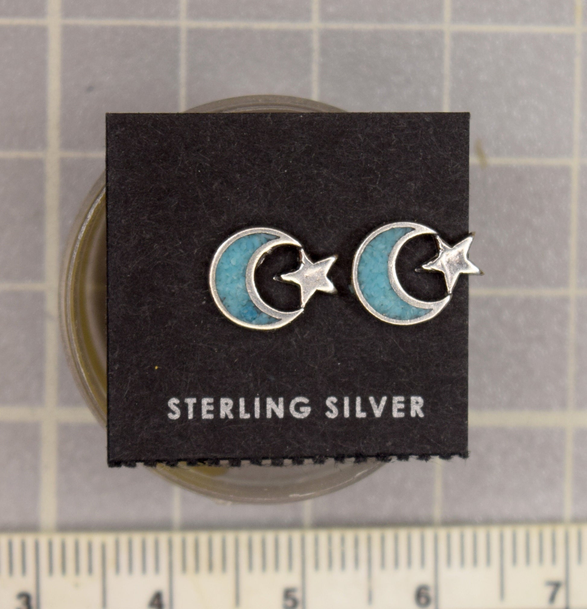 Moon and Star Earrings Sterling Silver Turquoise Inlay Stud Earrings 9 mm wide