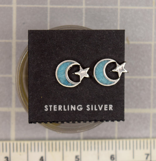 Moon and Star Earrings Sterling Silver Turquoise Inlay Stud Earrings 9 mm wide