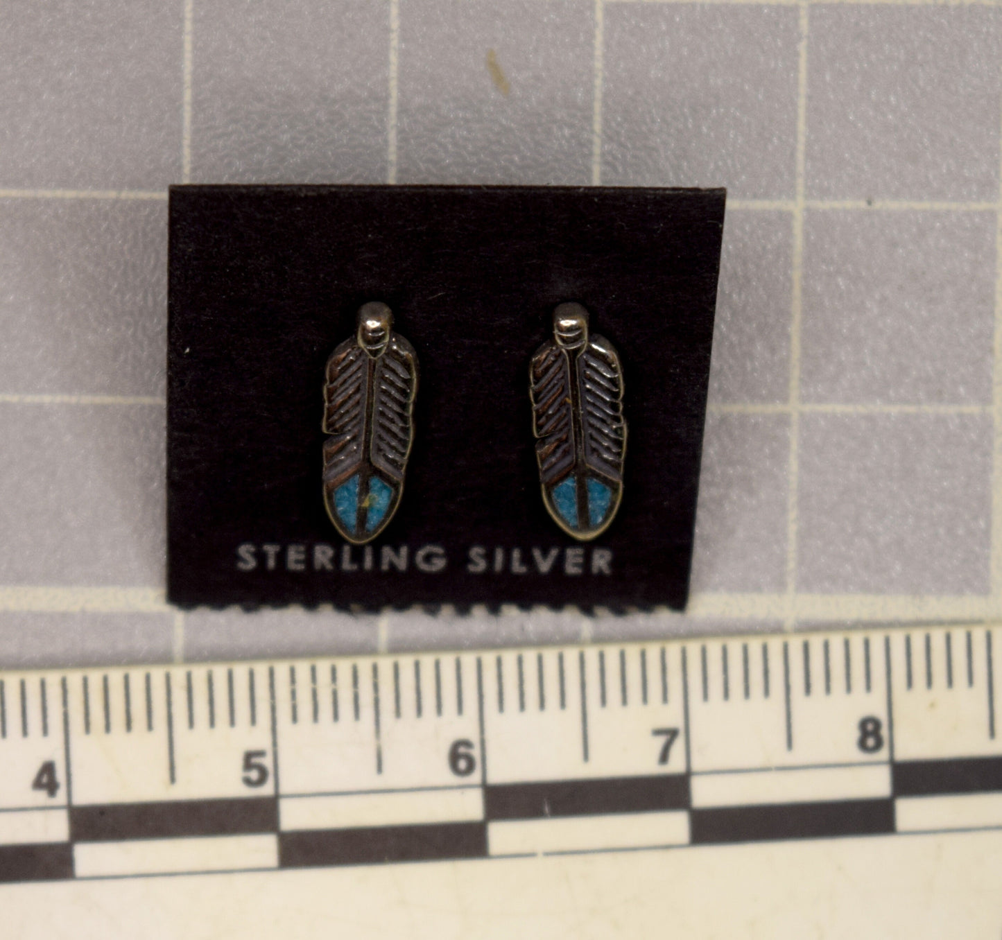 Turquoise Feather Earrings Sterling Silver Turquoise Inlay Stud Earrings 9 mm long