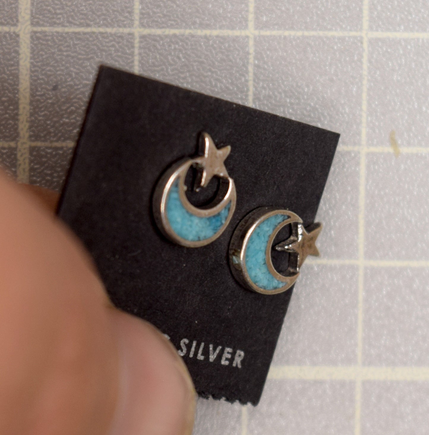 Moon and Star Earrings Sterling Silver Turquoise Inlay Stud Earrings 9 mm wide