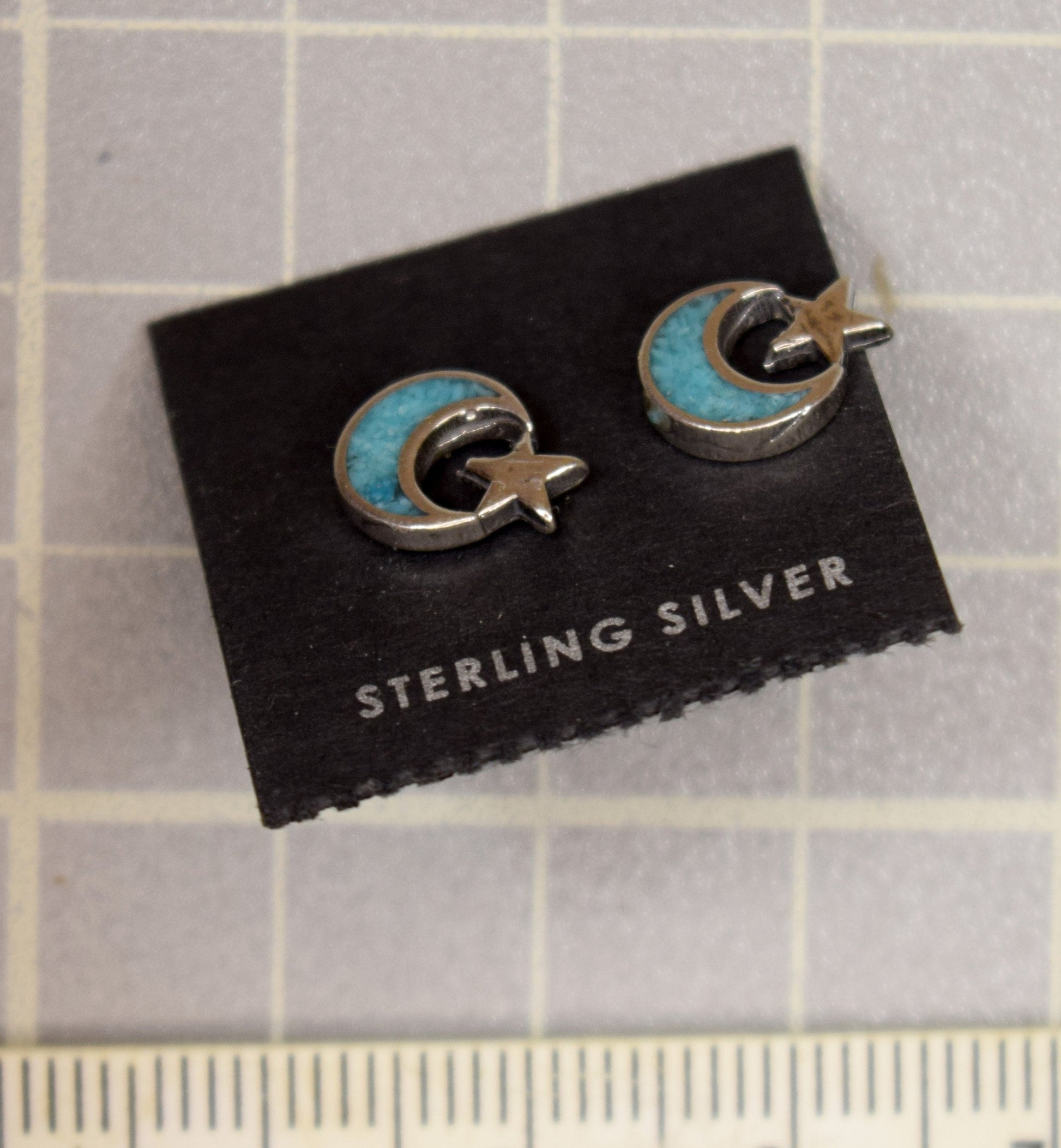 Moon and Star Earrings Sterling Silver Turquoise Inlay Stud Earrings 9 mm wide