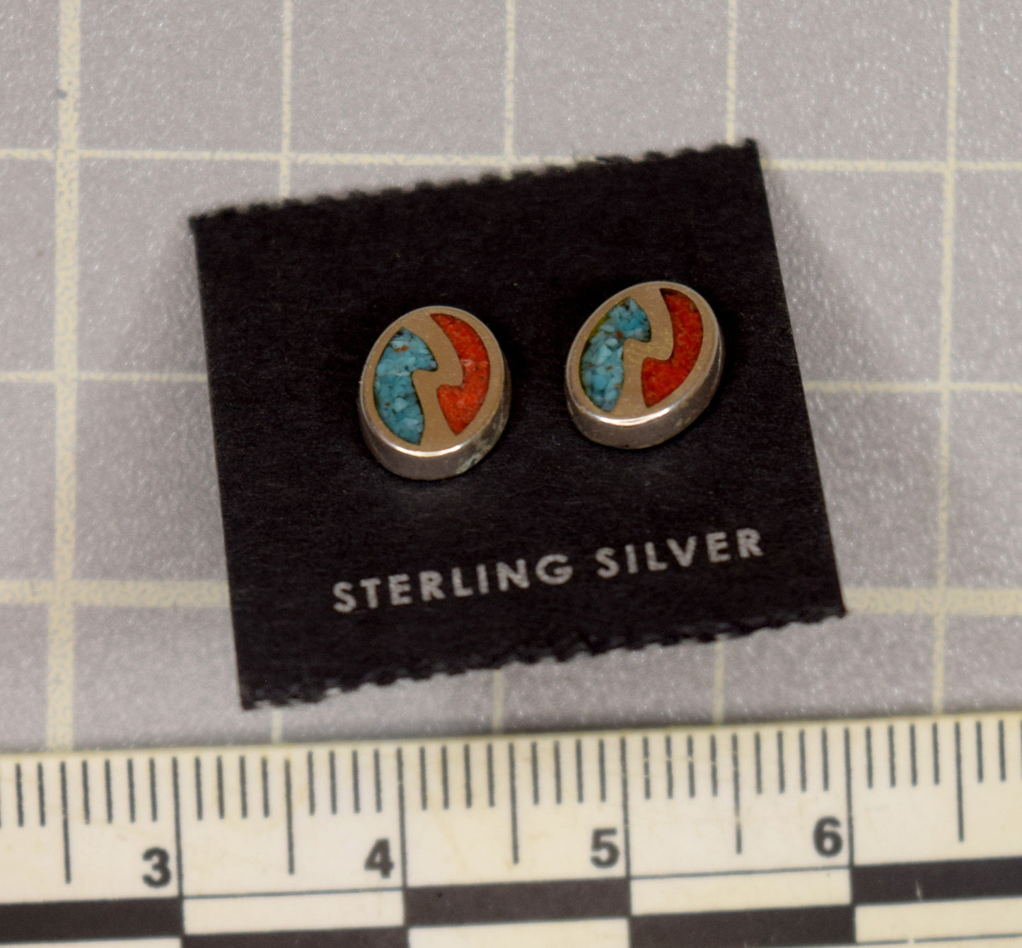 Lightning Bolt Earrings Split Oval Earrings Sterling Silver Turquoise Inlay and Coral inlay Stud Earrings 8 mm high