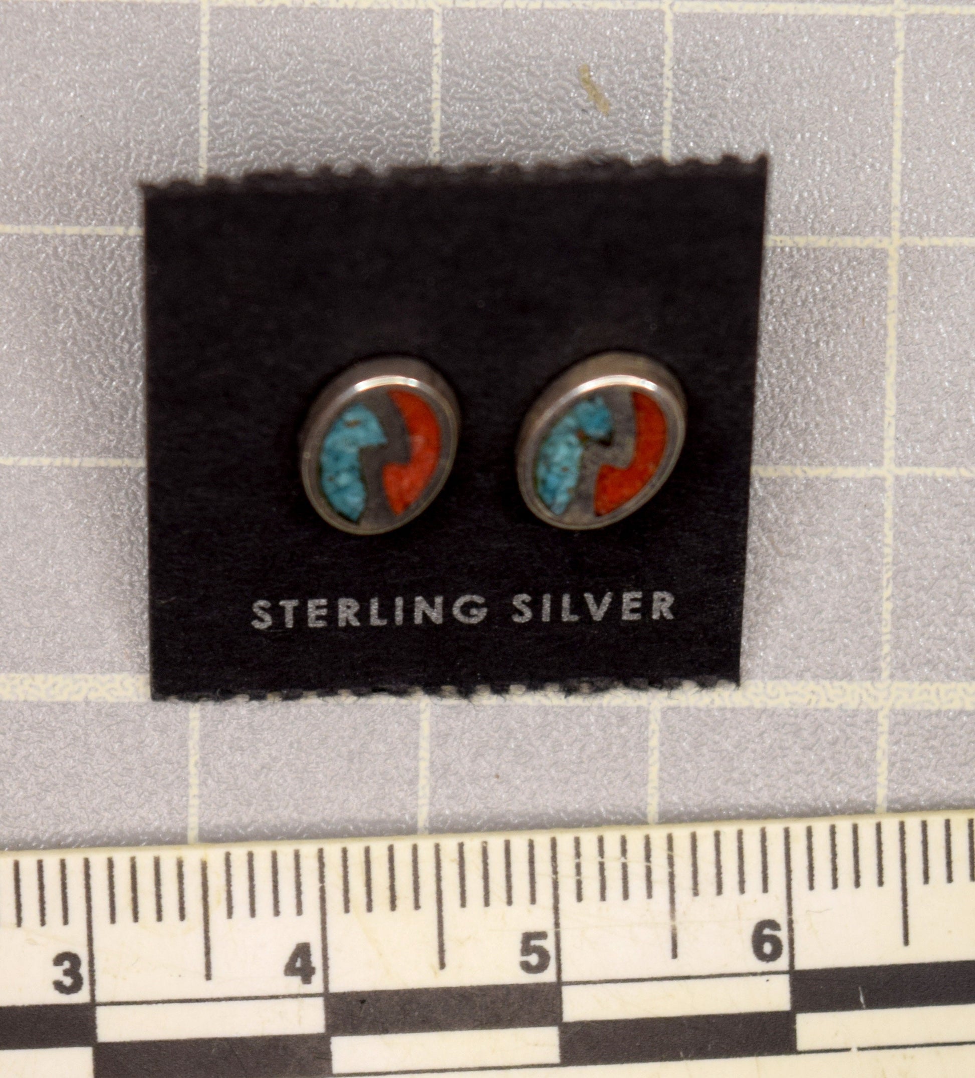 Lightning Bolt Earrings Split Oval Earrings Sterling Silver Turquoise Inlay and Coral inlay Stud Earrings 8 mm high