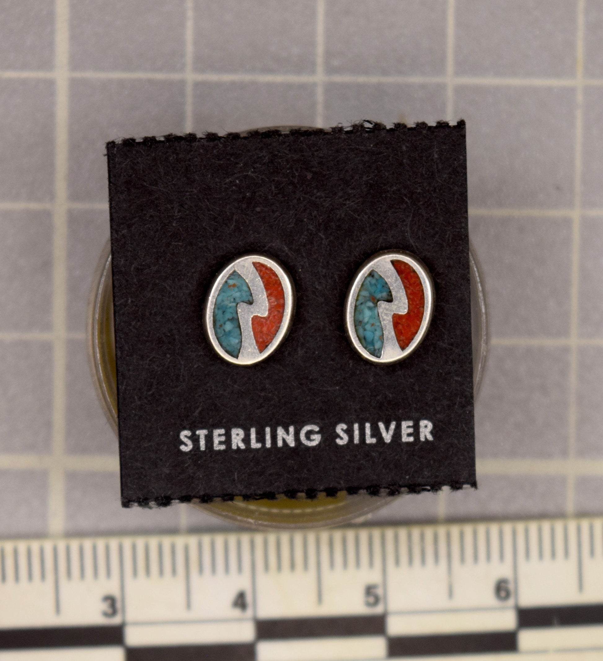 Lightning Bolt Earrings Split Oval Earrings Sterling Silver Turquoise Inlay and Coral inlay Stud Earrings 8 mm high