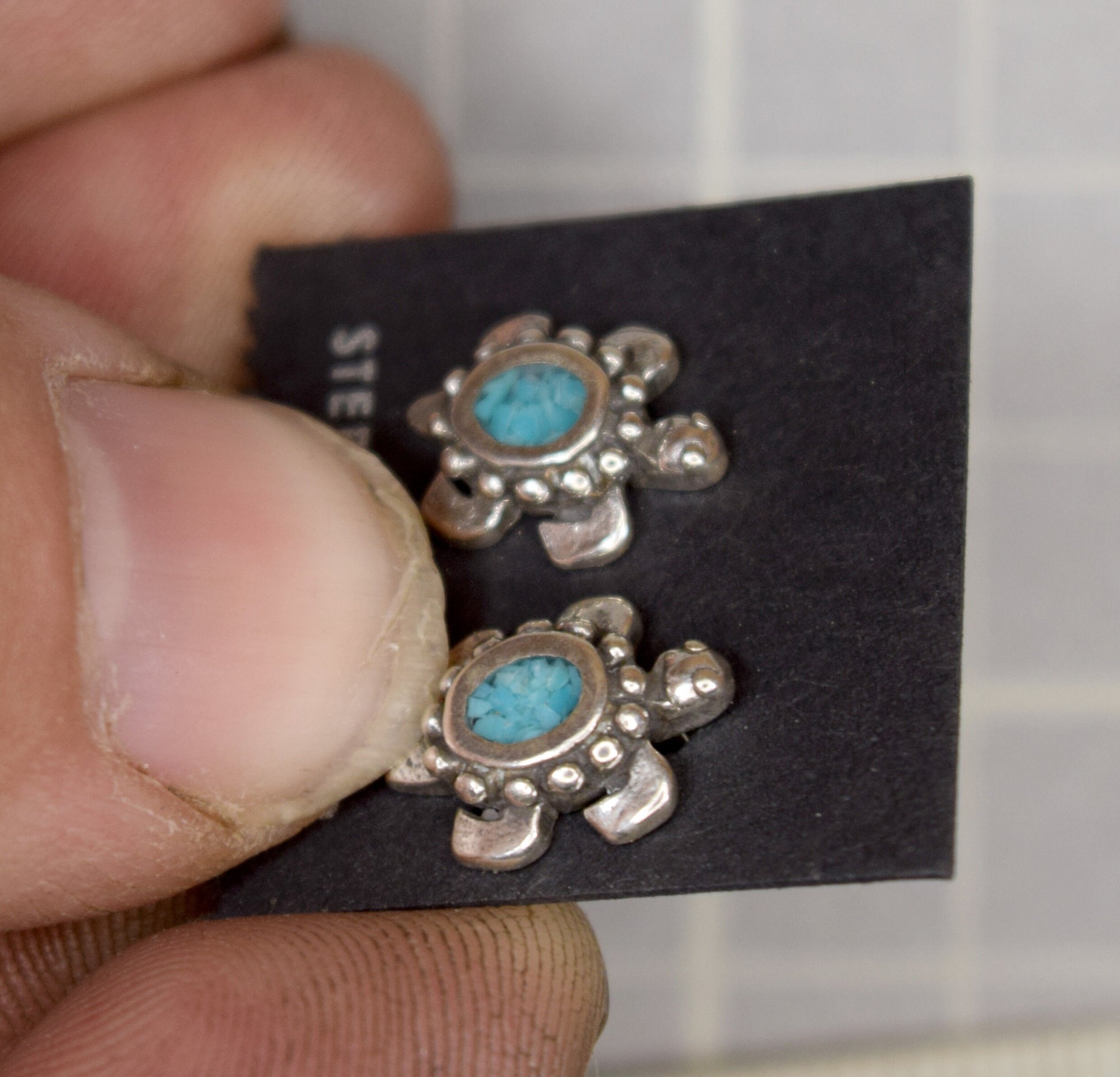 Turquoise Turtle Earrings Sterling Silver Turquoise Inlay Stud Earrings 12 mm long